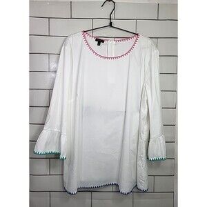 Talbots Blouse Womens size XL  Shirt Blouse White Festive  Flare Bell Sleeve